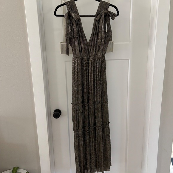 SABINA MUSAYEV Helena Metallic‎ Tiered Maxi Dress Silver Bronze sz Small No Belt - Picture 4 of 7
